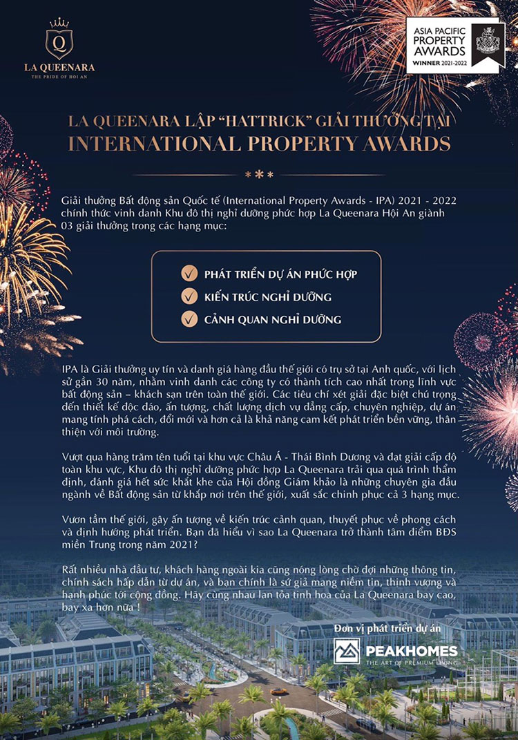 La Queenara giành được 3 giải thưởng Bất động sản Quốc tế (International Propery Awards - IPA) 2021 - 2022